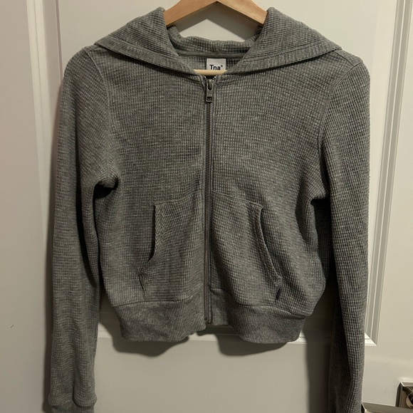 TNA Grey Waffle-knit Cropped Zip-Up Hoodie - Picture 1 of 5